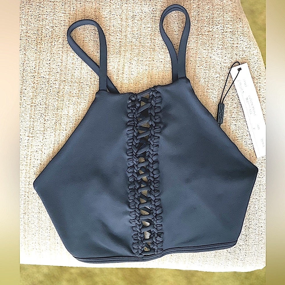 NEW! Indah BODY Danish Solid High Neck Top w/ Macrame In Tech Black Size 2 $70